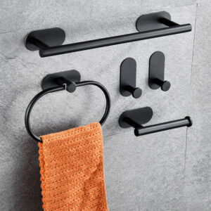 Bathroom Accessory Set Matte Black Includes Towel Bar Towel Ring Tissue Holder Robe Hook-No Nails Required for Kitchen