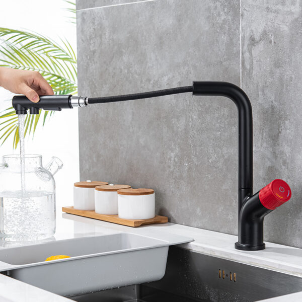 7-shaped matte black and red pull-out sprayer kitchen faucet with 360 degree nozzle hot and cold water faucet (1)