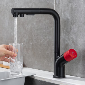 7-shaped matte black and red pull-out sprayer kitchen faucet with 360 degree nozzle hot and cold water faucet (4)