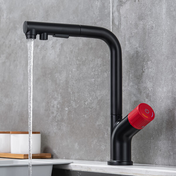 7-shaped matte black and red pull-out sprayer kitchen faucet with 360 degree nozzle hot and cold water faucet (6)