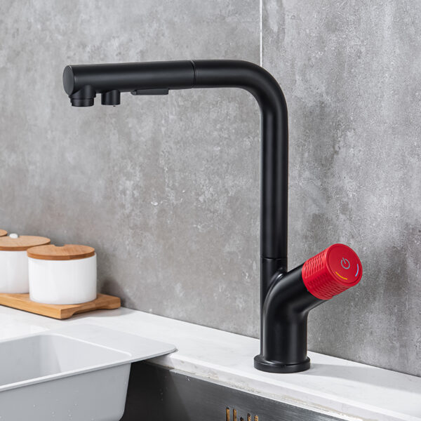 7-shaped matte black and red pull-out sprayer kitchen faucet with 360 degree nozzle hot and cold water faucet (7)