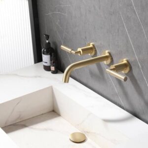Brushed Gold Basin Faucets Wall Mounted Brass Basin Faucet Mixer Tap 3 Hole Bathroom Sink Faucet