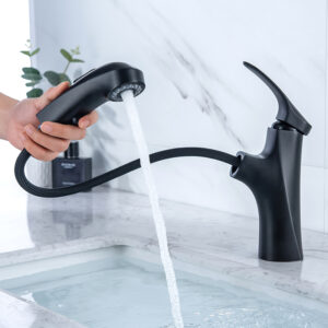 China Water Saver Faucet Bathroom Sanitary Ware Brass Matte Black Pull Out Basin Faucet (2)