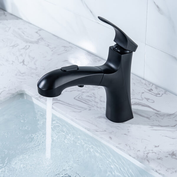 China Water Saver Faucet Bathroom Sanitary Ware Brass Matte Black Pull Out Basin Faucet (3)