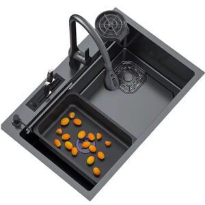 Kitchen Sink with Faucet Handmade Modern Black Single Bowl SUS 304 Stainless Steel Sink