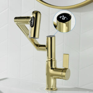 Brushed Gold Brass Wash Basin Faucet Mixer Tap Bathroom Sink Led Vanity Faucet