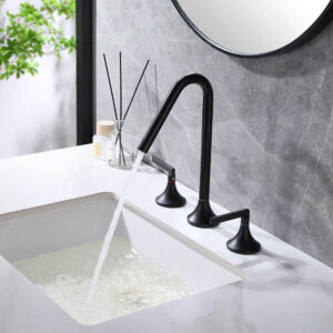 Deck Mounted 3 Hole Faucet Dual Handle Hot Cold Water Basin Sink Mixer Matter Black Finish Brass Bathroom Basin Tap