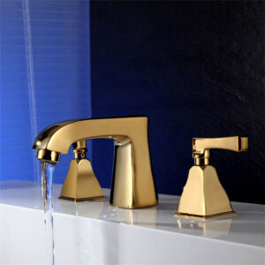 Deck Mounted Double Handle Golden Finished Solid Brass Hand Wash Bathroom Faucets