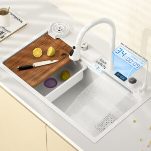Digital Display White Waterfall Faucet Nano Single Bowl SUS304 Stainless Steel Kitchen Sink
