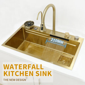Gold Waterfall Sink 304 Stainless Steel Faucet Handmade Multifunctional  Kitchen Sink