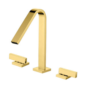 Golden Finished Double Handles Solid Brass Deck Mounted Basin Faucet Hot and Cold Bathroom Taps