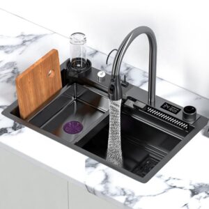 Stainless Steel Sink Modern Black Undermount Square Bowl Waterfall Multifunction for Kitchen