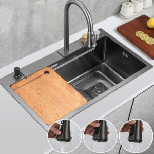 Luxury 304 Stainless Steel Single Bowl Kitchen Sink Modern Waterfall Faucet