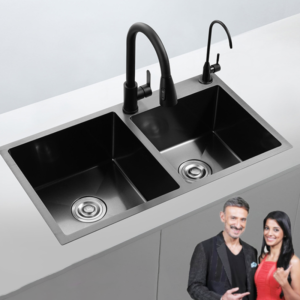 Double Bowl Kitchen Sink Handmade Square Nano Surface Treatment Undermount Two Ceramic