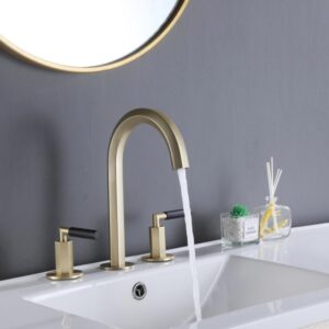 Modern Bathroom Sink Faucet 3 Holes Brushed Gold Wash Basin Faucet Brass Deck Mounted Widespread Basin Mixer Tap