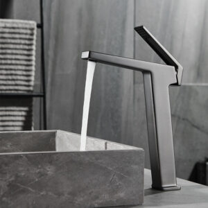 Modern Brass Wash Basin Faucet Deck Mounted Gun Metal Vanity Faucet Single Hole Tall Faucet for Bathroom
