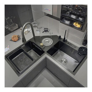 Modern Handmade Stainless Steel Kitchen Sink Black Nano Multi-Functional Double