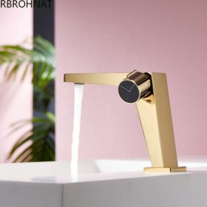 Modern Vanity Faucet Brushed Gold Single Handle Wash Basin Faucet Deck Mounted Brass Bathroom Sink Tap