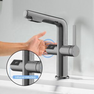 Pull Out Sprayer Bathroom Faucet Infrared Sensor Smart Mixer Water Tap 360 Degree Rotation Led Digital Display Basin Faucet