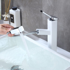 Pull-out spray nozzle rotating basin faucet