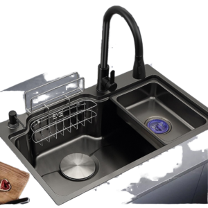 Single Bowl Kitchen Sink Black Stainless Steel Nano Surface Treatment Undermount Installation Square