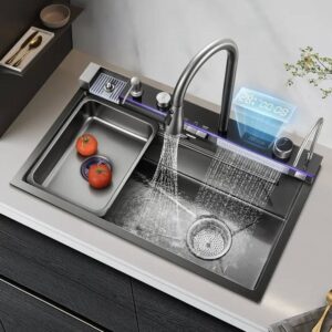 Smart Kitchen Sink Faucet Handmade Single Bowl Square Flying Rain Waterfall Nano Surface SUS304