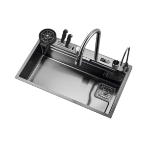 304 Stainless Steel Kitchen Sink Set Double Bowl Square Counter Waterfall Multifunction Knife Holder