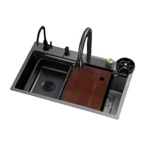 Stainless Steel Single Bowl Black  Basin Sink with Kitchen Waterfall Faucet