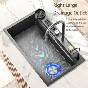 Stainless Steel Kitchen Sink Slot Waterfall Faucet Bionic Honeycomb Design Knife Holder Undermount