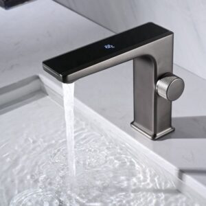Temperature Digital Display Bathroom Mixer Water Taps Gun Grey Brass Deck Mounted Electric Basin Faucet with Rotating Handle