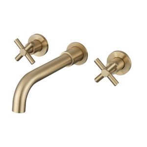 Thermostatic Wall-Mounted Hand Wash Basin Taps Golden Brush Finish Double Cross Handles Brass Basin Faucet