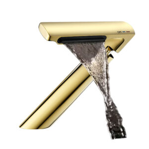 Unique Design 7 Shape Bathroom Faucet Hot Cold Water Supply Brushed Gold Finished Brass Hand Wash Faucet with Waterfall Spout