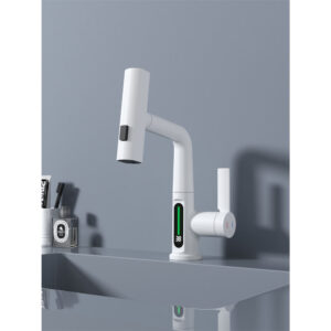 Unique Design White Basin Mixer Hot Cold Water Tap Deck-Mounted Single Hole Waterfall Wash Basin Faucet with Temperature Display
