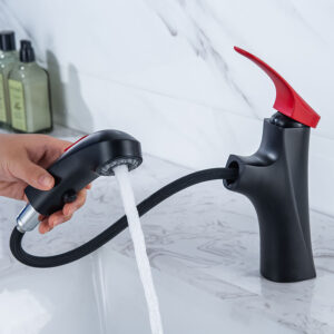 Wholesale black red basin sink pull out faucet pull out matte black bathroom faucet single handle brass vanity faucet (2)