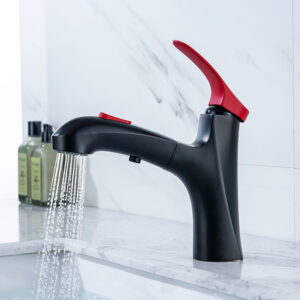 Wholesale black red basin sink pull out faucet pull out matte black bathroom faucet single handle brass vanity faucet (3)