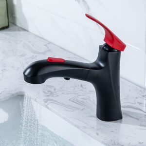 Wholesale black red basin sink pull out faucet pull out matte black bathroom faucet single handle brass vanity faucet (4)