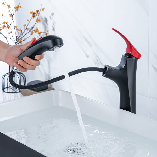 Wholesale matte black red strip high basin sink pull out the faucet pull out the bathroom faucet single handle brass wash basin faucet (2)