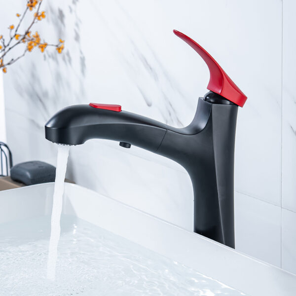 Wholesale matte black red strip high basin sink pull out the faucet pull out the bathroom faucet single handle brass wash basin faucet (3)